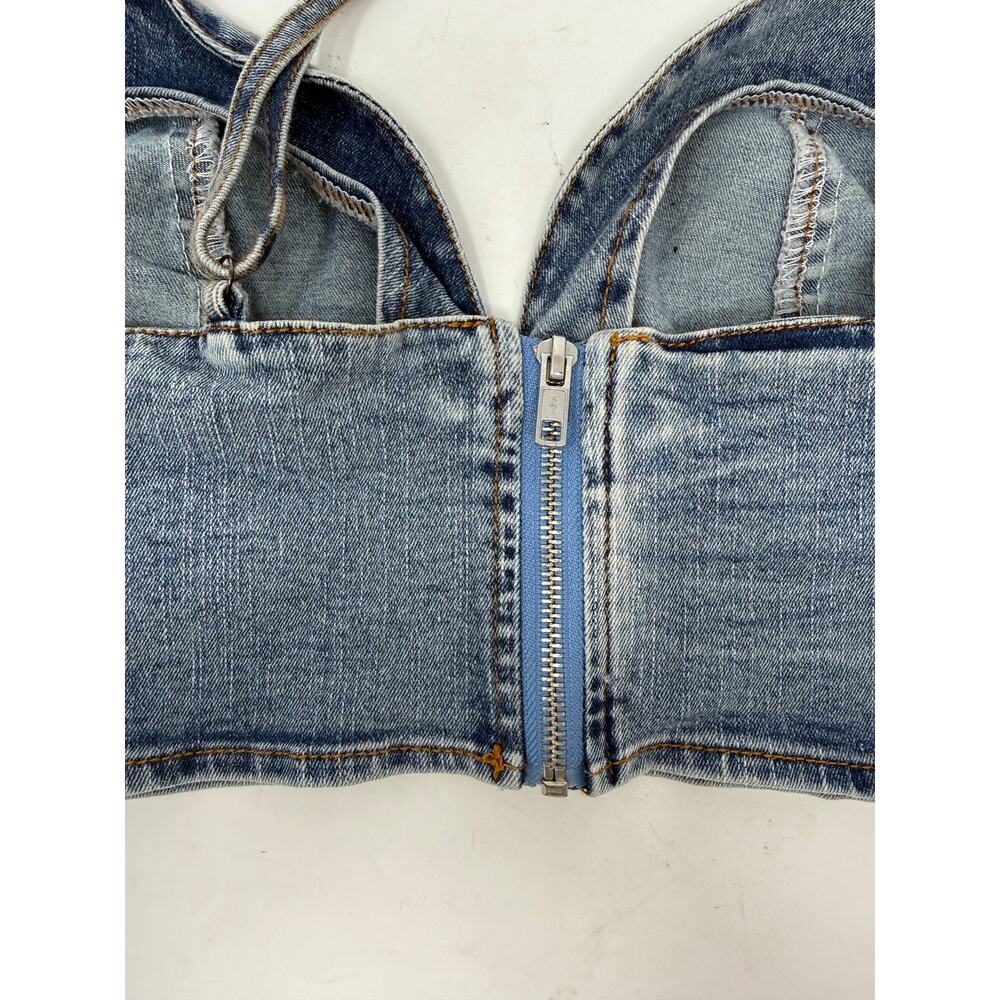 Shein Blue Denim Bra Top Zip Back Festival Rave Crop Bralette Size Large - Picture 7 of 10